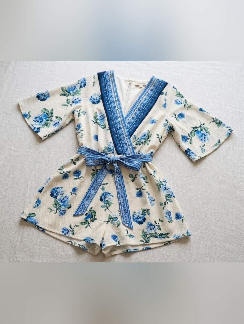 Floral Blue & Cream Wrap Romper